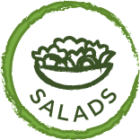 round green circle jaggered edge with the words Salads and salad bowl centered