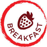 round red circle jaggered edge with the word breafast and strawbeery centered