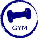round blue circle jaggered edge with the words gym and dumb bell weight centered