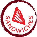 round burgendy circle jaggered edge with the words Sandwiches and quatreted sandwich centered