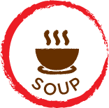 round red circle jaggered edge with the word soup and bowl with steam rising centered