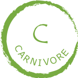  rough green circle enclosing words Carnivore and symbol C
