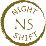  rough charcol circle enclosing words Night Shift and symbol NS