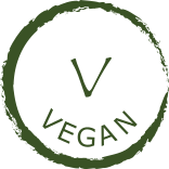  rough dark green circle enclosing words Vegan and symbol V